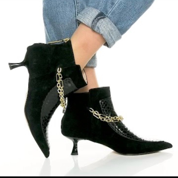 Louise et Cie Black Suede Pointed Toe Ankle Boots with Gold Chain - Picture 2 of 8